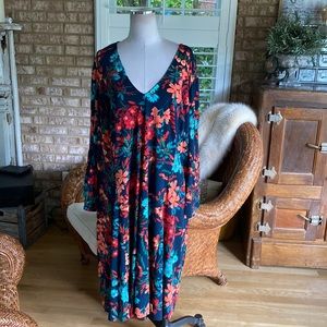 SABRINA BLUE FLORAL PRINTED V NECK BELL SLEEVE DRESS 5X NEW